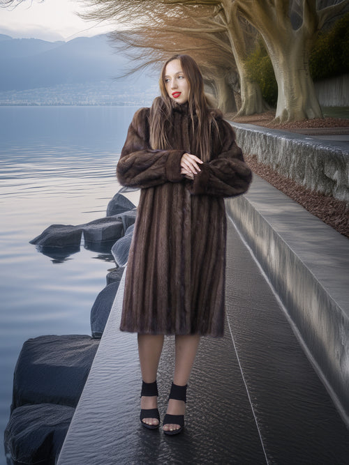 Woman in a fur coat standing by a lake with mountains in the background