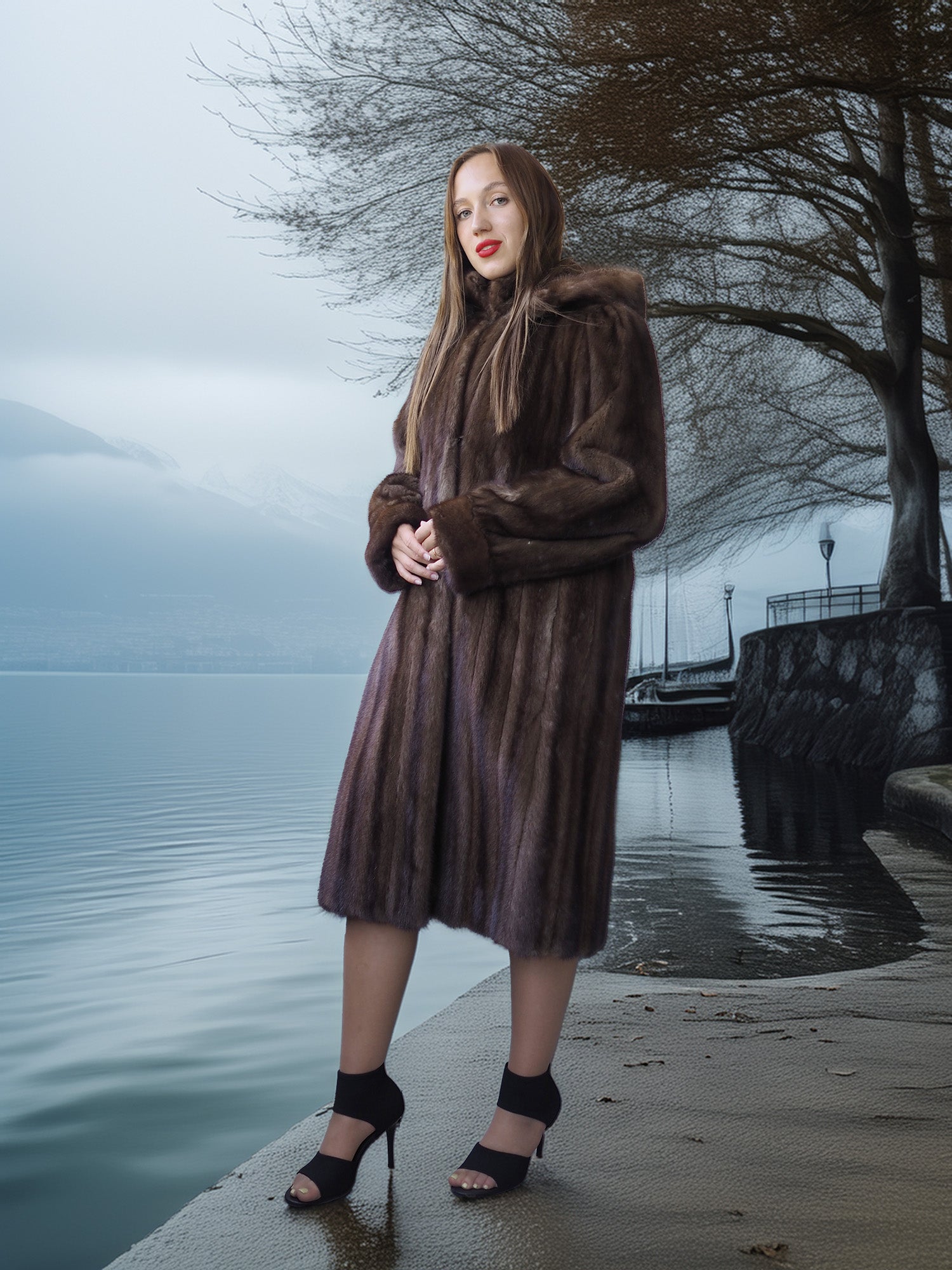Woman in a fur coat standing by a lake on a foggy day