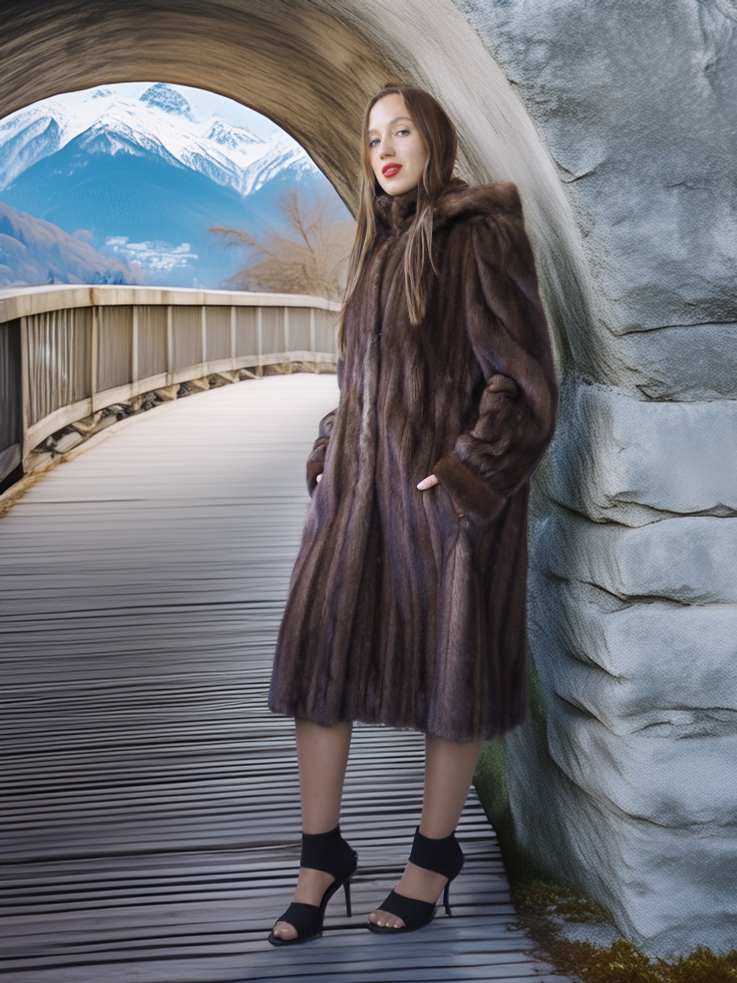 Woman in a fur coat standing on a wooden bridge with mountains in the background