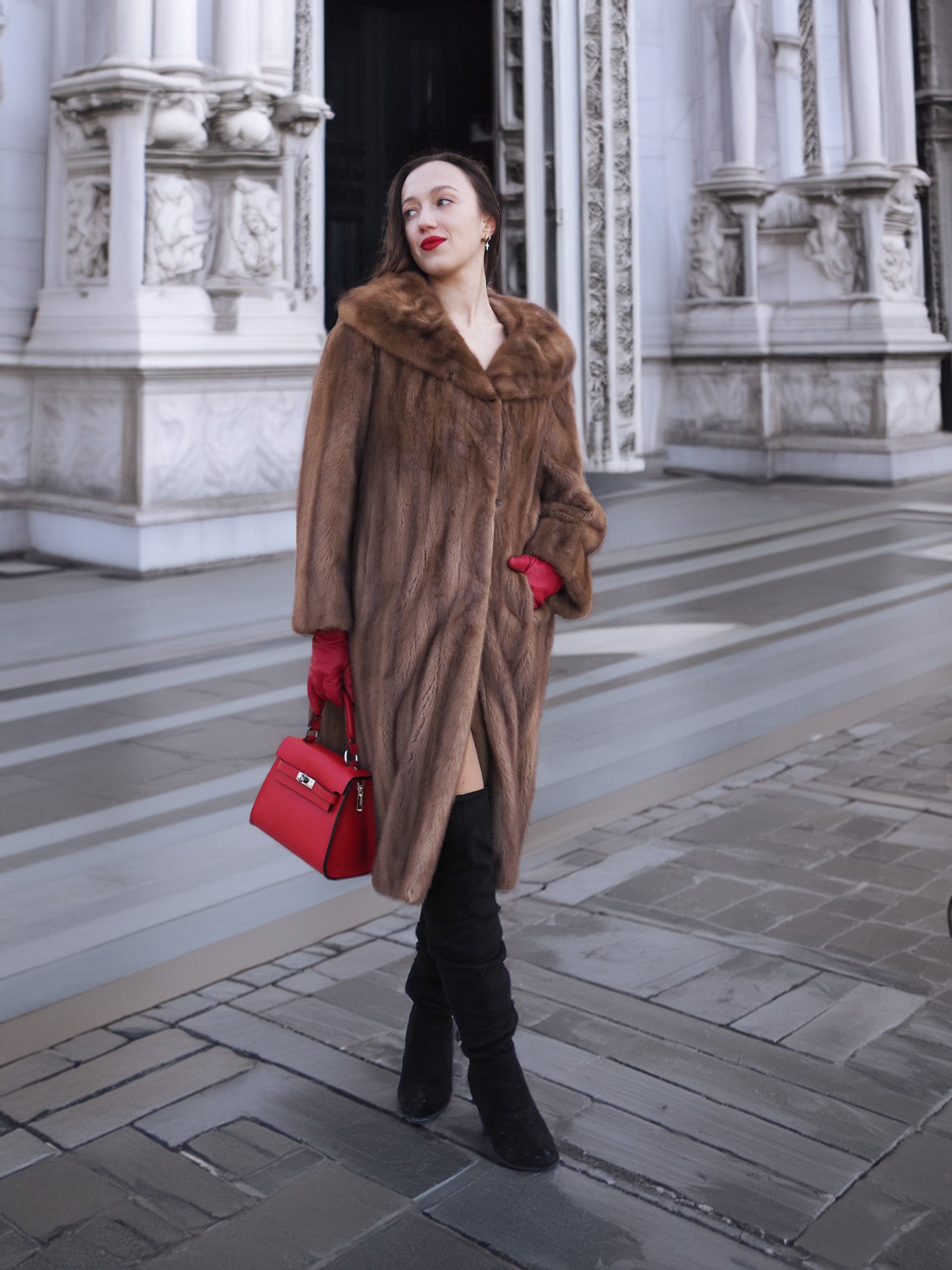Vintage pastel Canadian brown mink fur coat styled for elegant winter wear, paired with red gloves and black boots for a refined look.