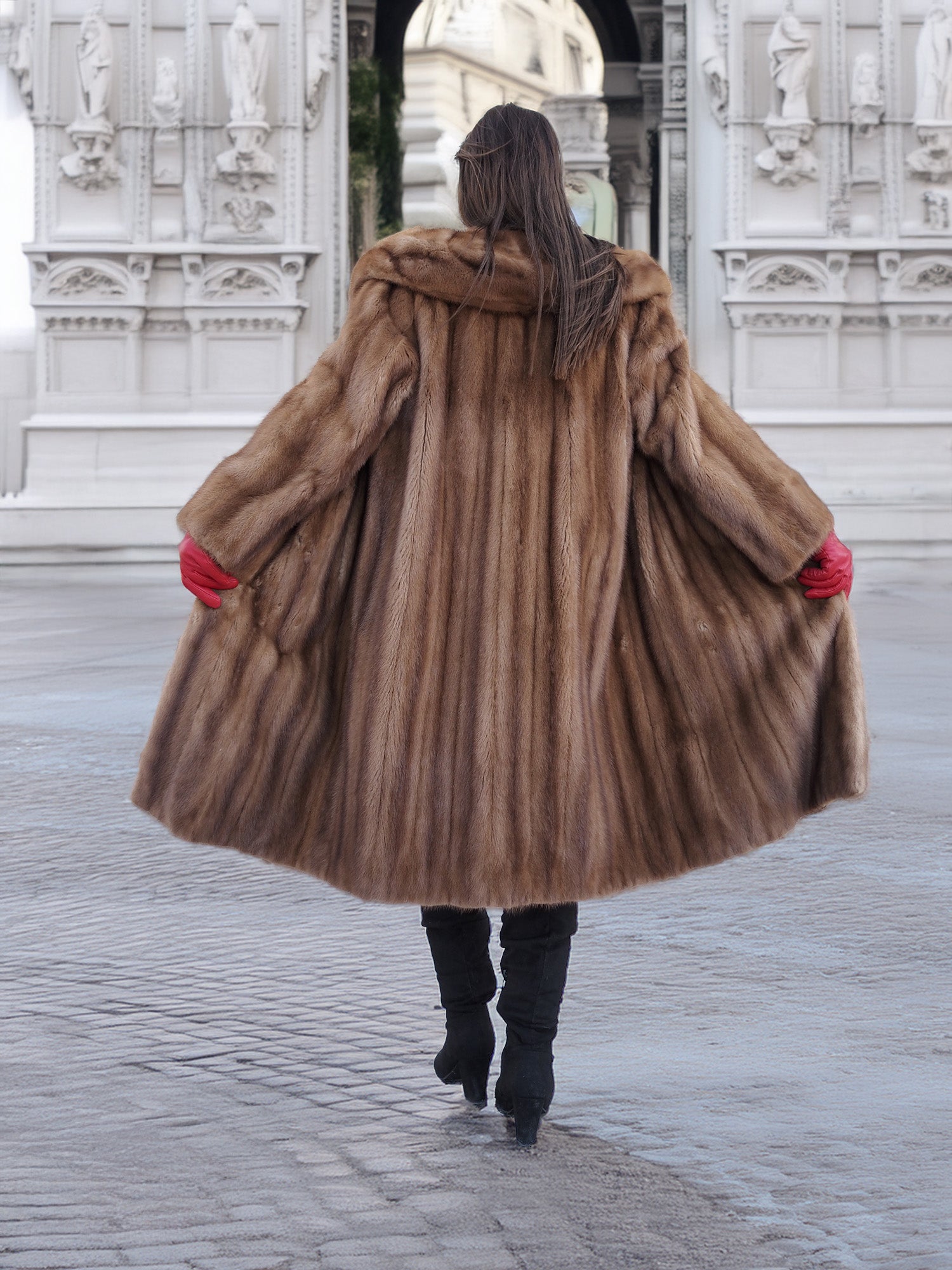 Back view of vintage pastel Canadian brown mink fur coat flared open, showcasing full fur volume and elegant craftsmanship.