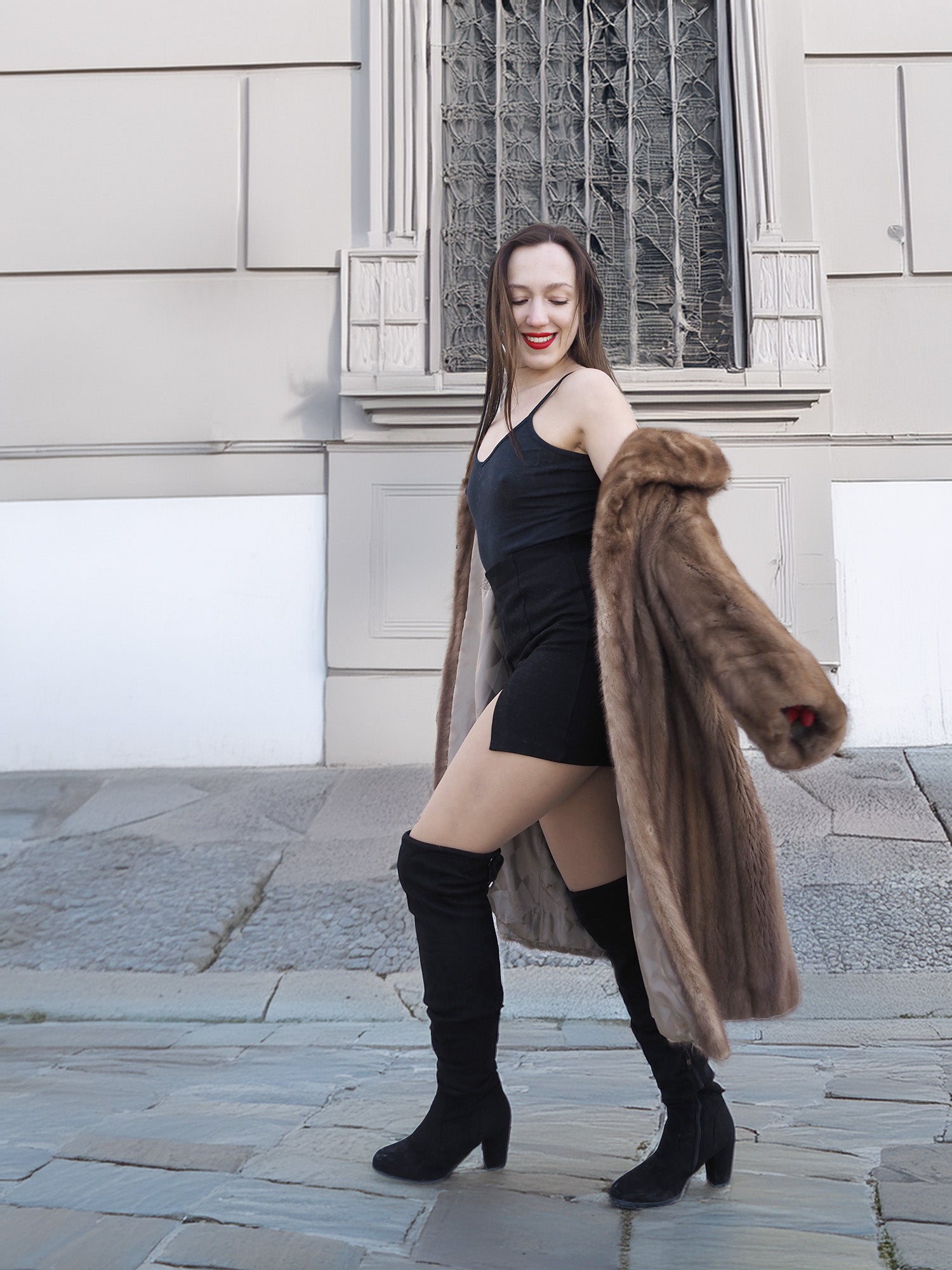 Playful styling of vintage pastel Canadian brown mink fur coat with black mini dress, perfect for bold and chic winter fashion ensembles.