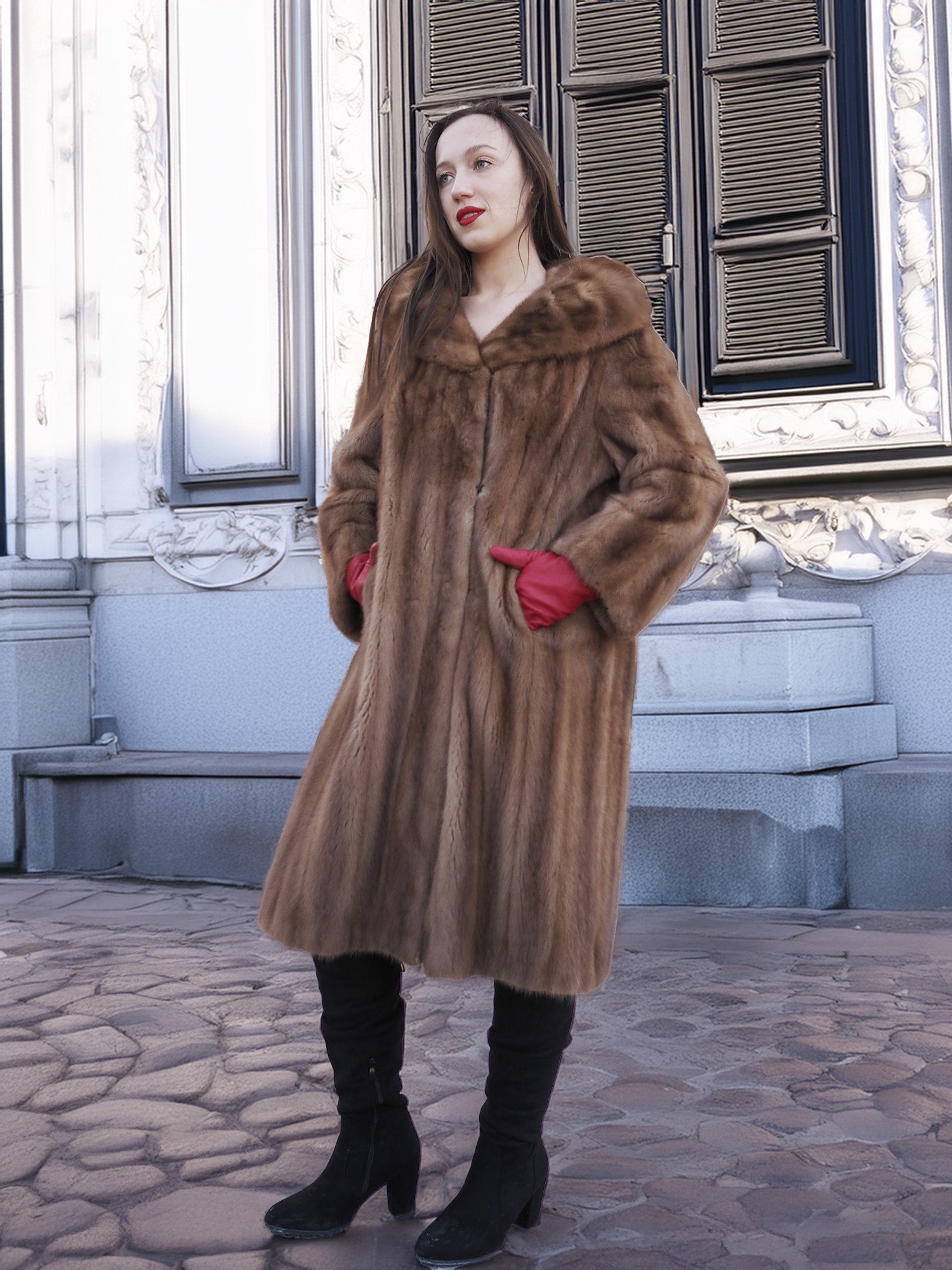 Full-length view of vintage pastel Canadian brown mink fur coat with side pockets, styled for chic winter fashion in outerwear collections.