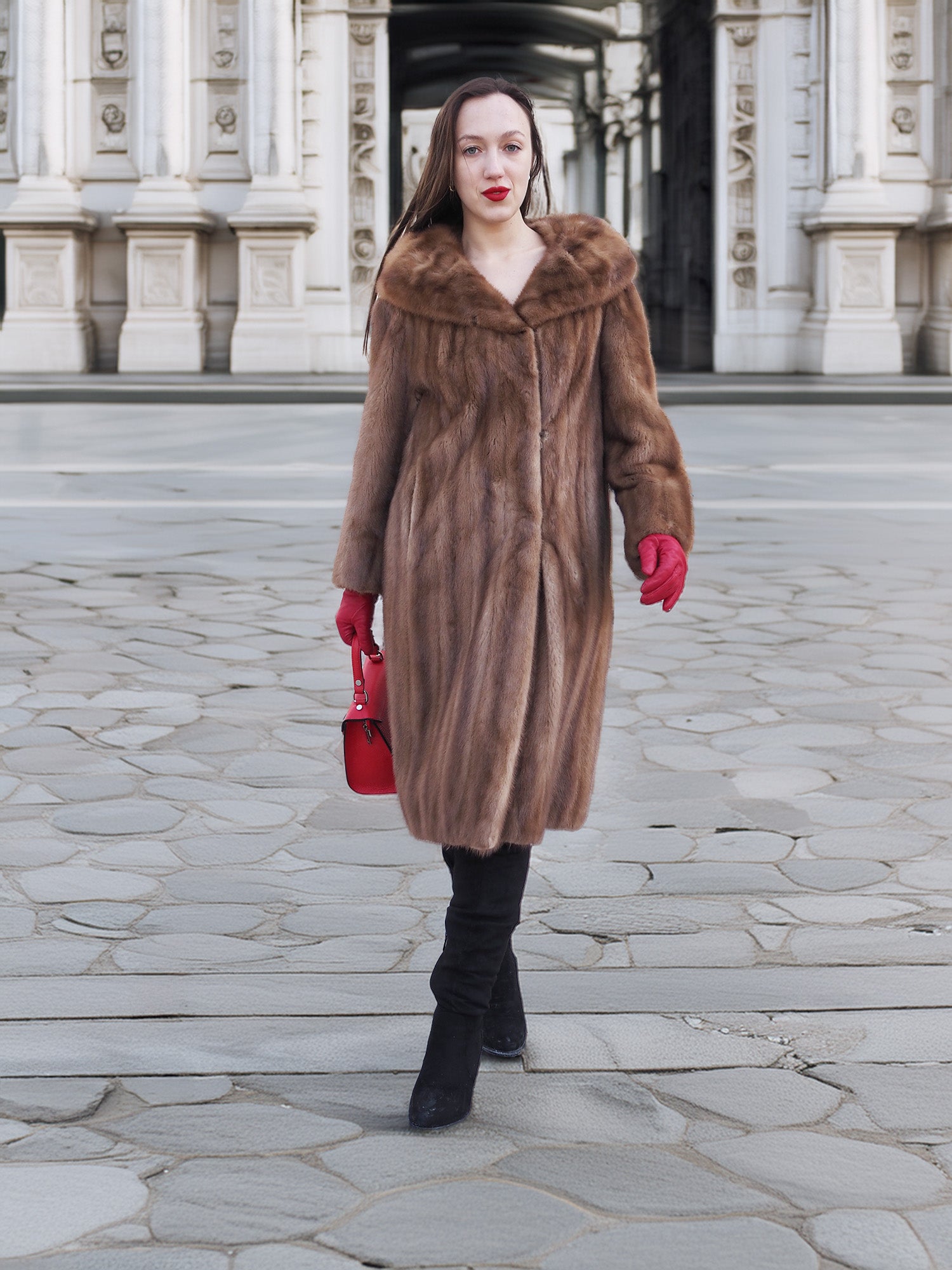 Front-facing model in vintage pastel Canadian brown mink fur coat, ideal for luxury outerwear shoppers seeking classic mink fur elegance.