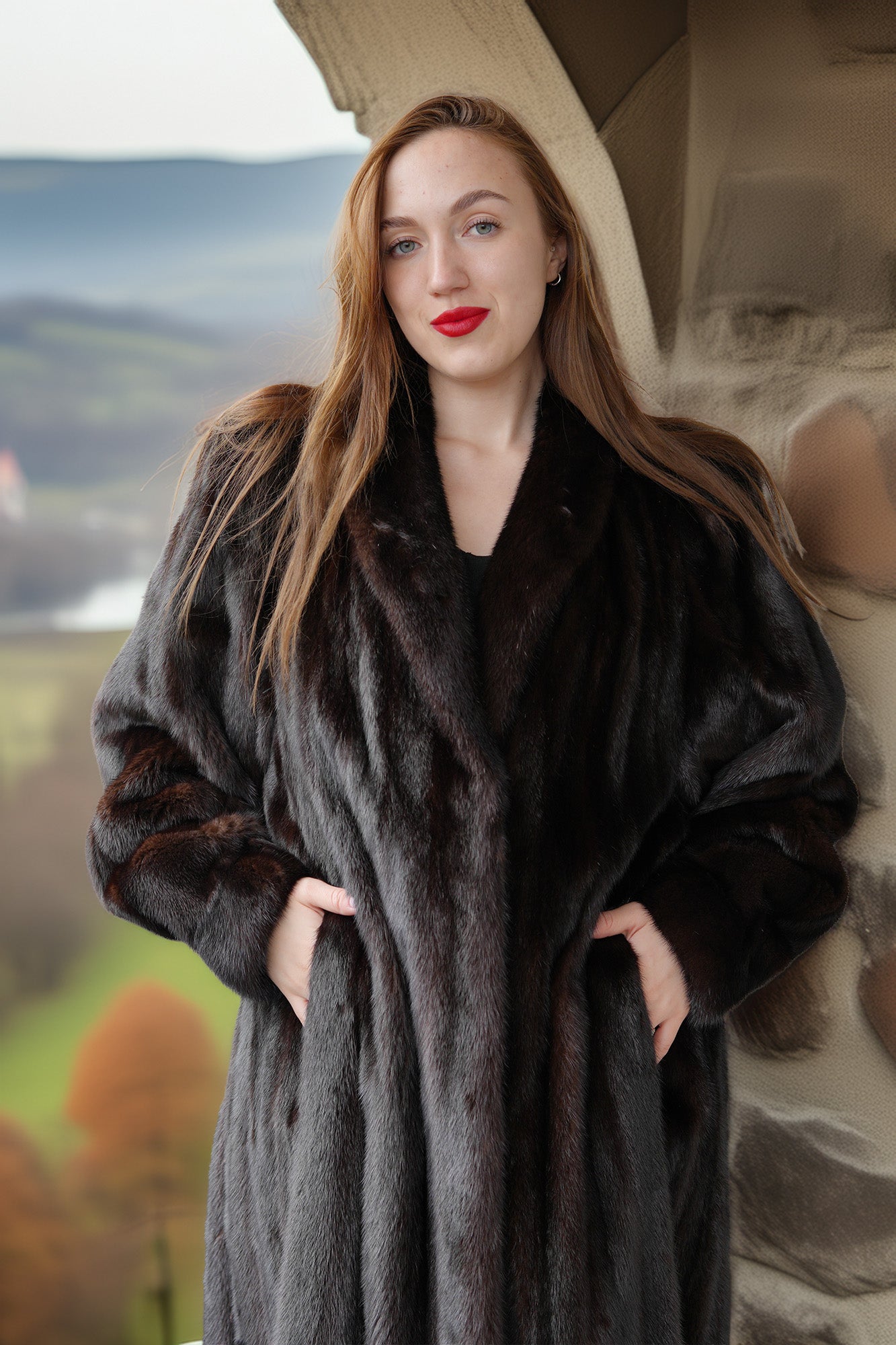 Woman wearing a dark fur coat with a scenic background