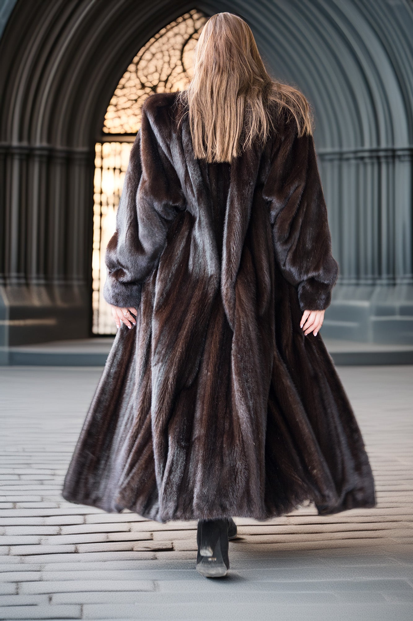 Person wearing a long fur coat walking away in an indoor setting with architectural elements.