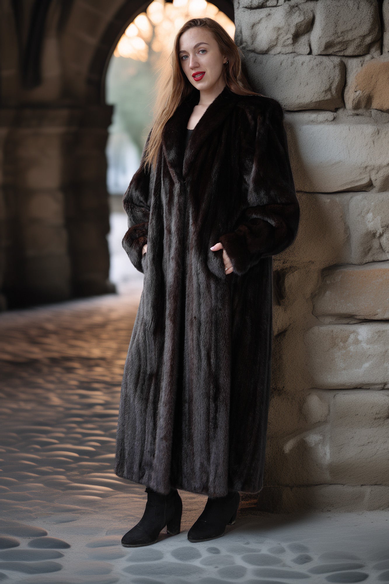 Woman in a long dark fur coat standing against a stone wall.