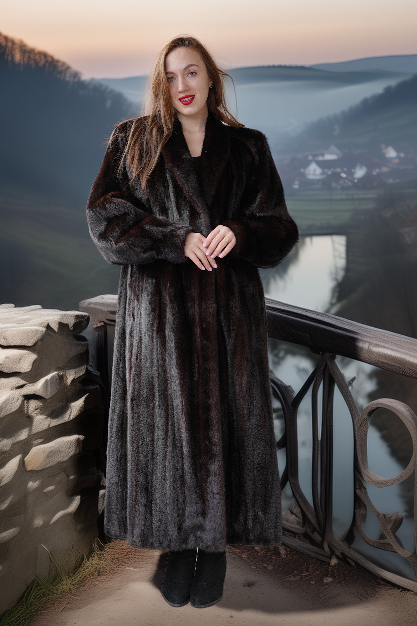 Woman in a fur coat standing on a balcony with a scenic view of a river and mountains.