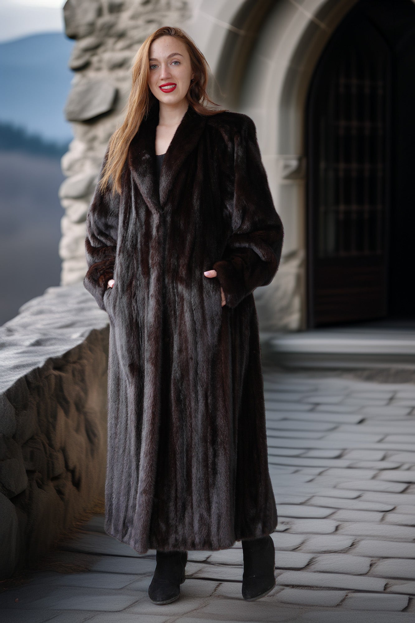 Woman wearing a long fur coat standing in front of a stone building.