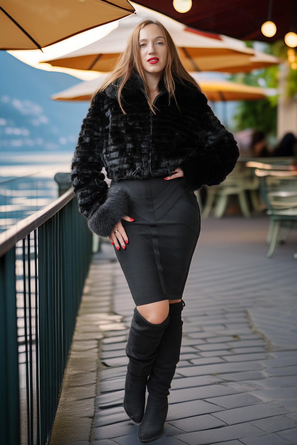 A woman stands on an outdoor patio by a railing, wearing a black faux-fur cropped jacket, a fitted black mini skirt with a front cutout, and black over-the-knee boots.