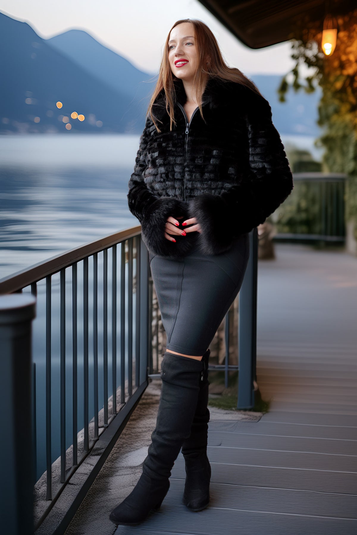 A woman stands on a lakeside boardwalk wearing a black faux-fur cropped jacket, a dark gray fitted skirt, and black over-the-knee boots, with mountains and water in the background.