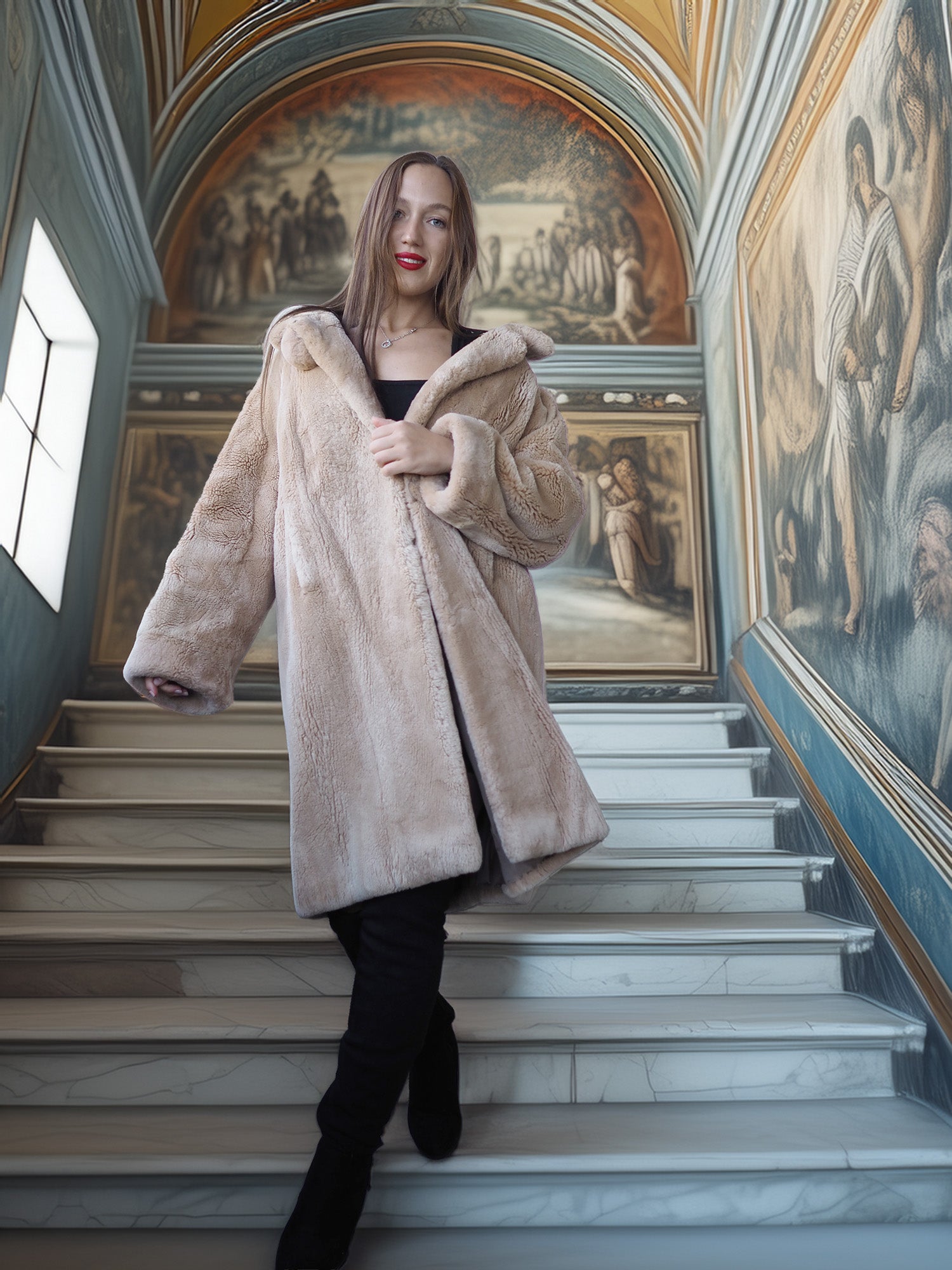 Woman in a fur coat standing on a staircase with classical frescoes in the background