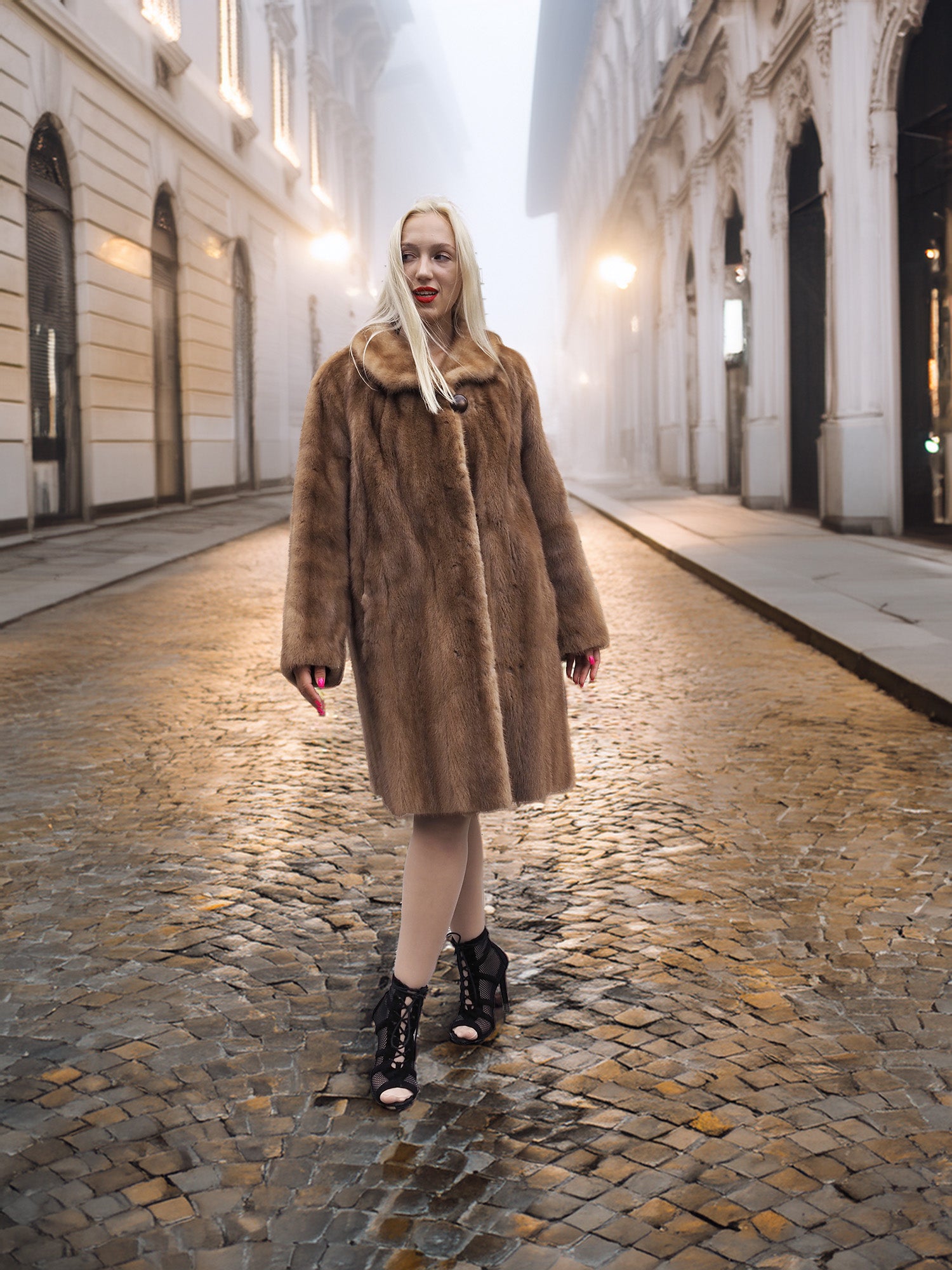 Classic pastel brown mink fur coat stroller jacket M/L styled on cobbled street at dusk. Warm and stylish fur outerwear for winter.