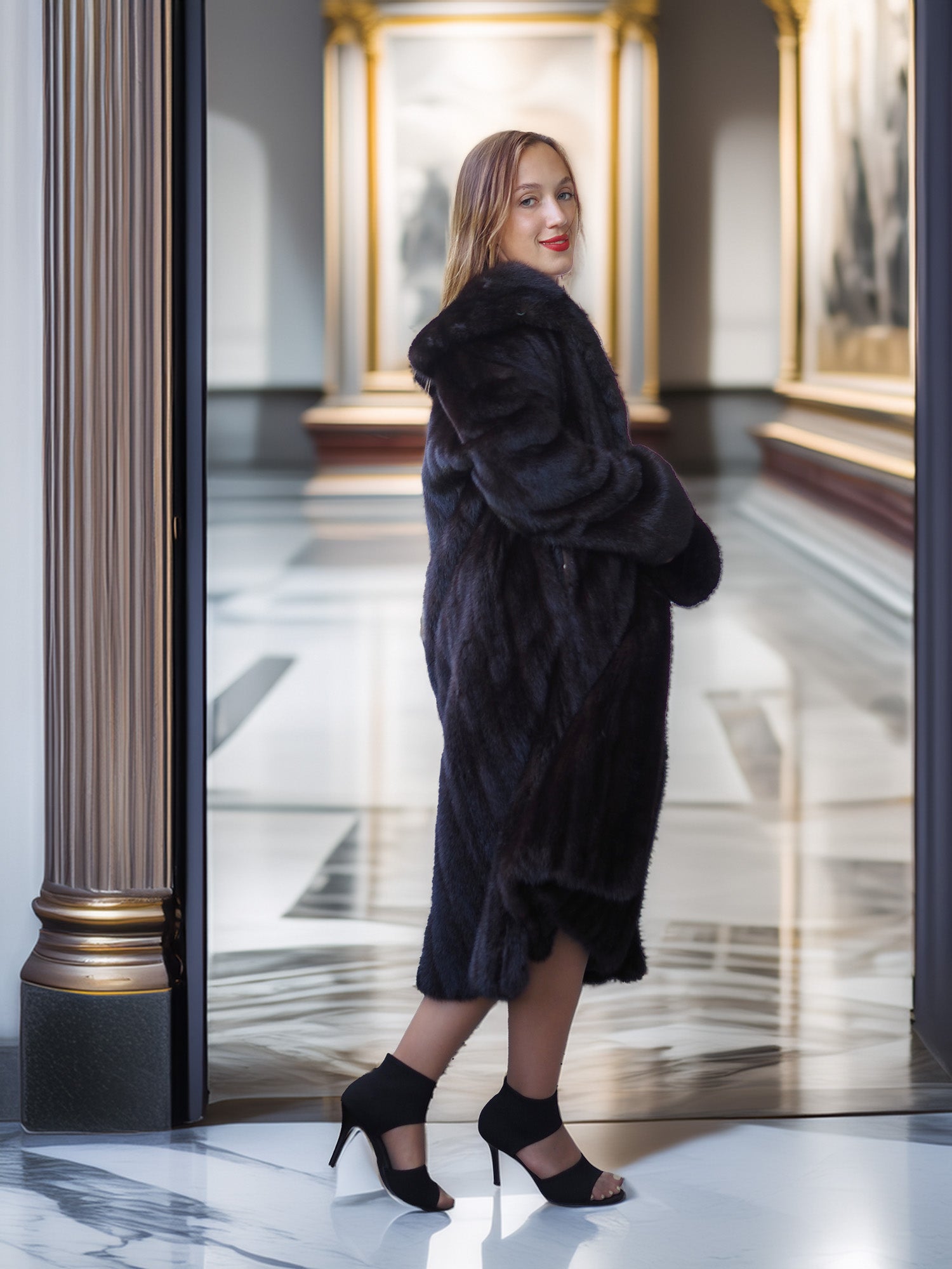 Woman wearing a black fur coat in an elegant interior setting