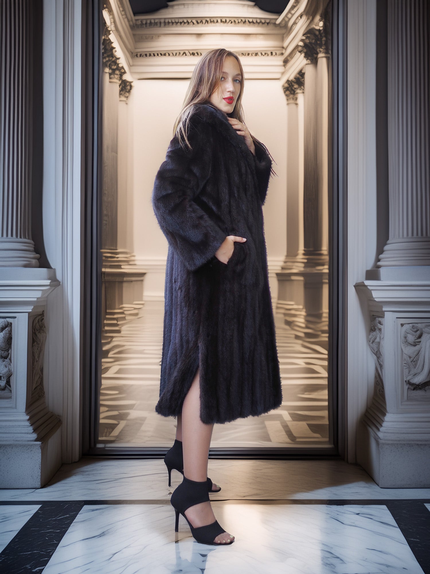 Woman in a black fur coat standing in an elegant interior setting