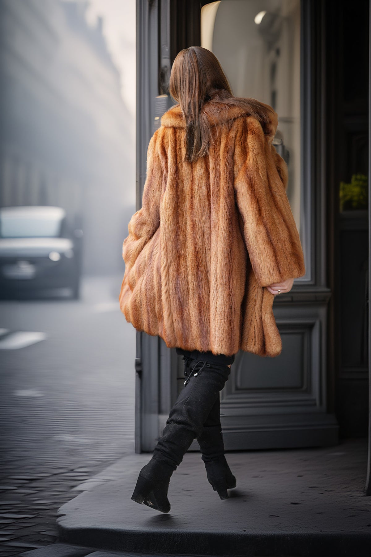 Back view of caramel-brown mink fur coat with full sleeves and wide collar