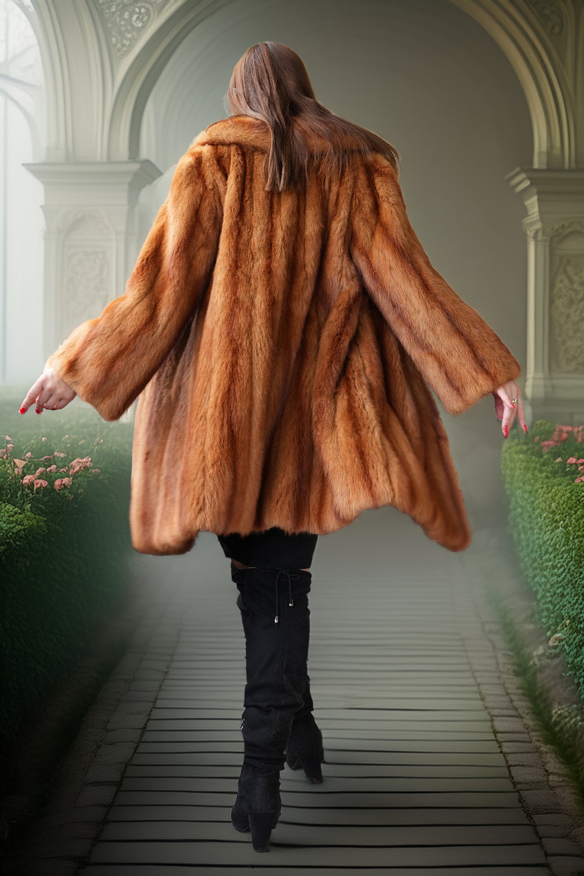 Vintage mink fur coat with hood, orange-brown color, short sleeves and A-line hem