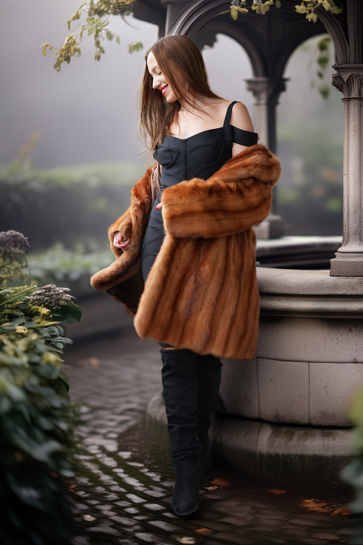 Vintage mink fur coat with hood, orange-brown; open design with plush collar
