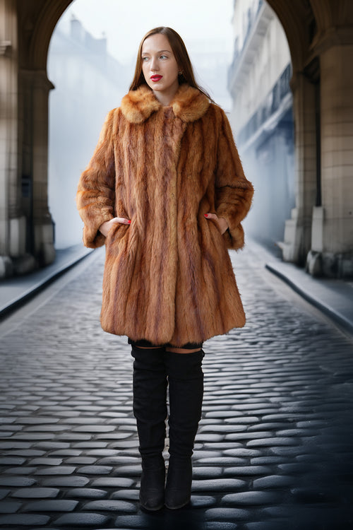 Vintage mink fur coat with hood, orange-brown; front view with buttoned placket