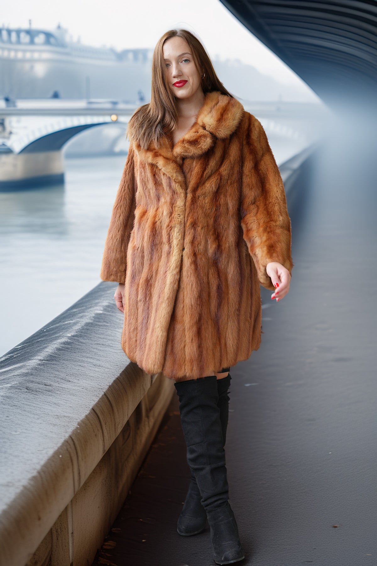 Vintage mink fur coat in warm caramel-brown with wide collar, full button front