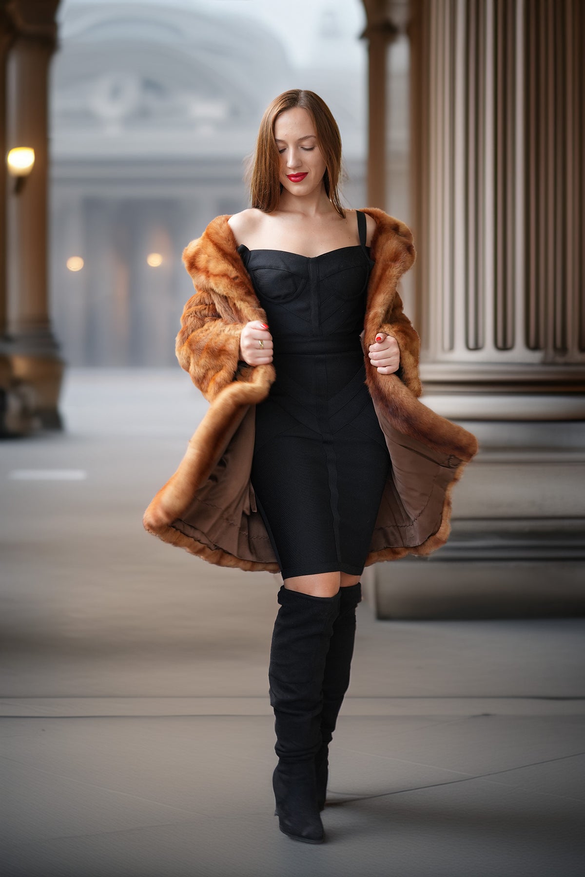 Vintage mink fur coat with hood, orange-brown; open neckline over a black dress