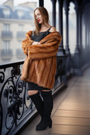 Vintage mink fur coat, caramel-brown with wide collar and wrap-style front