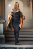 Vintage mink fur coat, caramel-brown, mid-length cut with textured fur