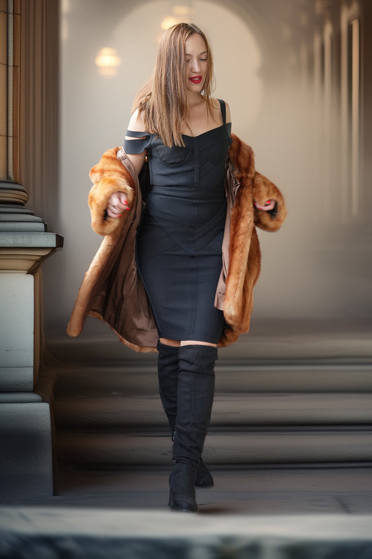 Vintage mink fur coat, caramel-brown, mid-length cut with textured fur