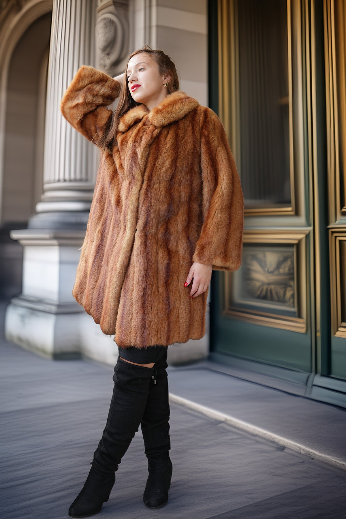 Vintage mink fur coat, caramel-brown, front view with wide lapels and cuffs
