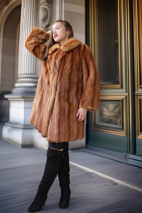 Vintage mink fur coat, caramel-brown, front view with wide lapels and cuffs