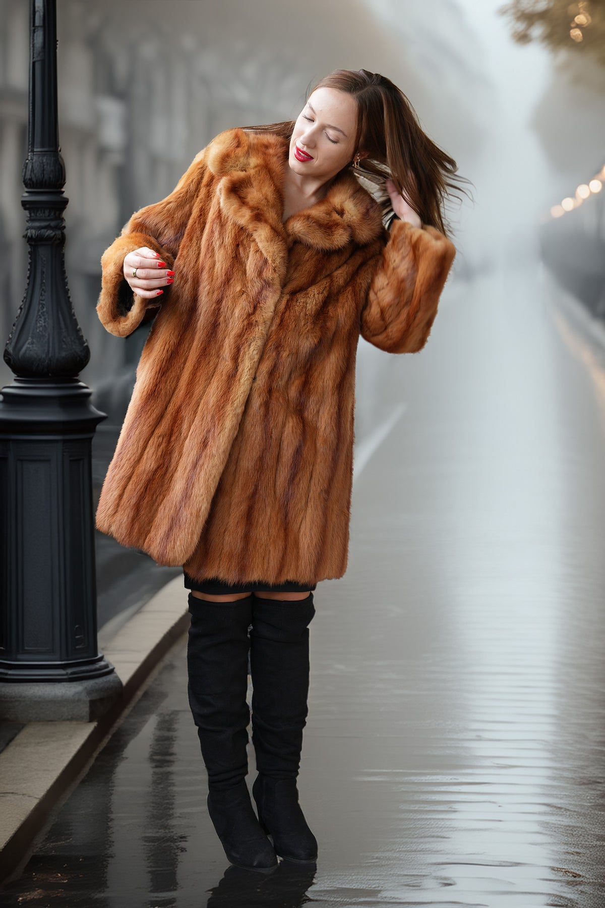 Caramel-brown vintage mink fur coat with plush texture and wide shawl collar
