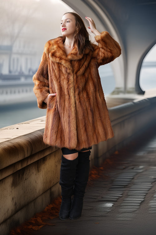 Caramel-brown mink fur coat with plush vertical texture and wide shawl collar