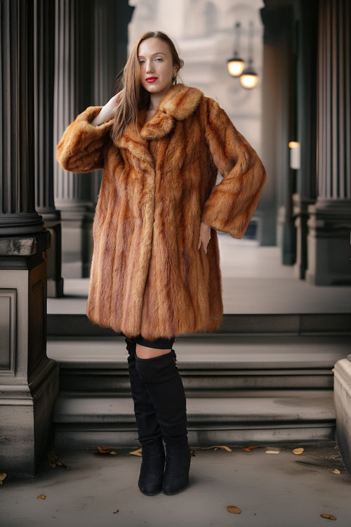 Vintage mink fur coat in warm caramel-brown with wide collar, button front