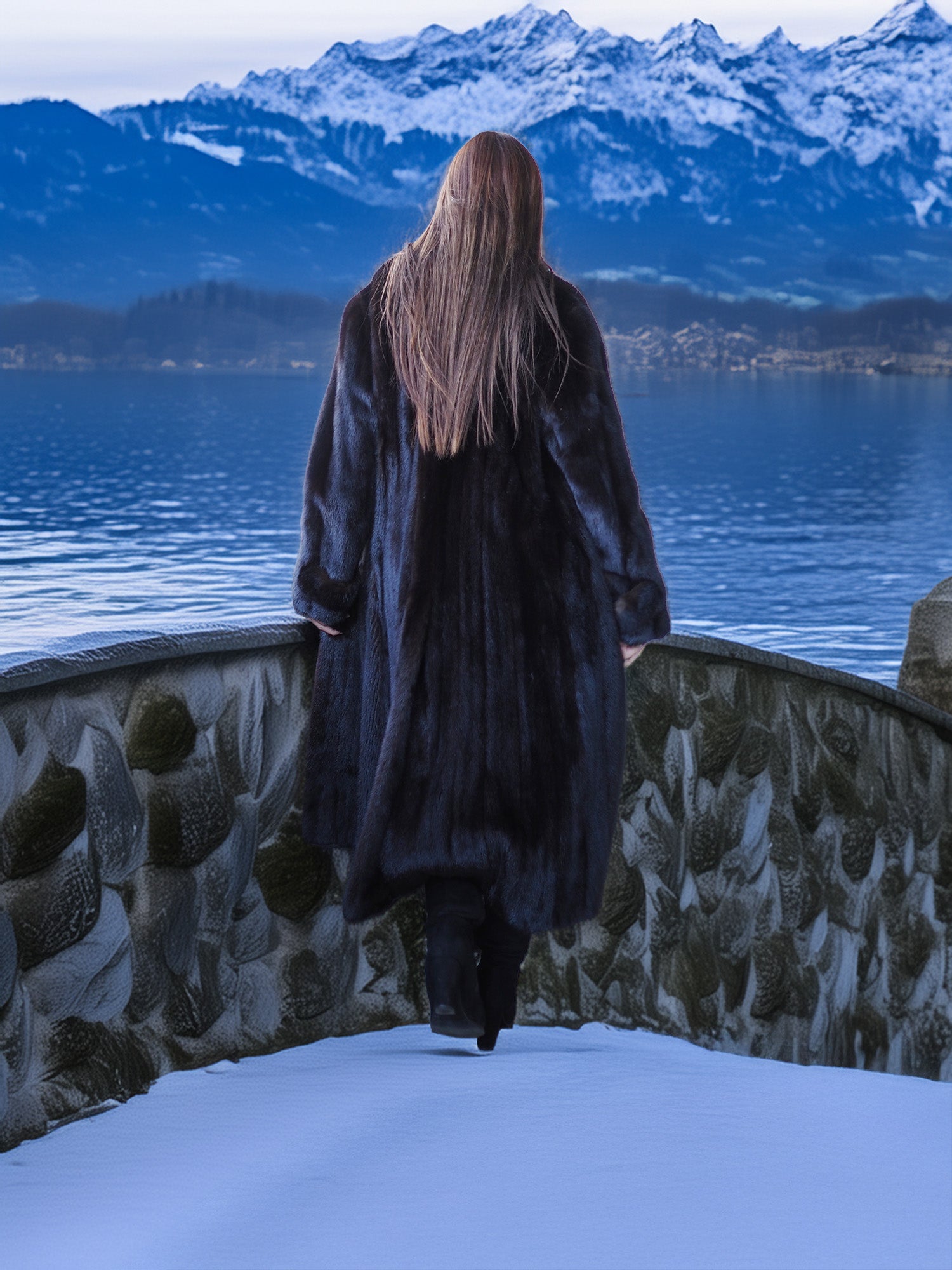 Person in a long coat standing by a snowy landscape with mountains and a lake.