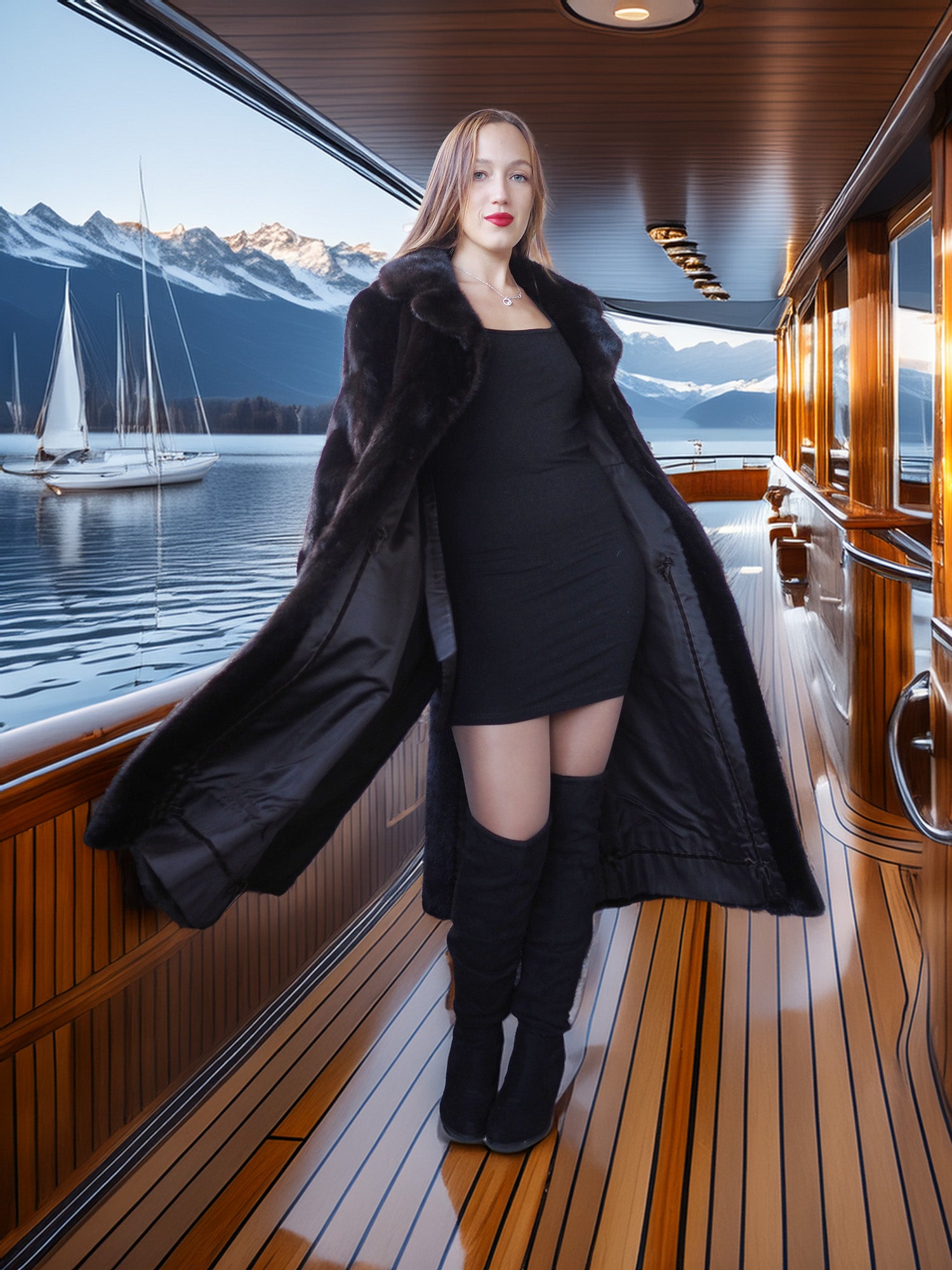 Woman in a black coat standing on a boat with mountains and water in the background