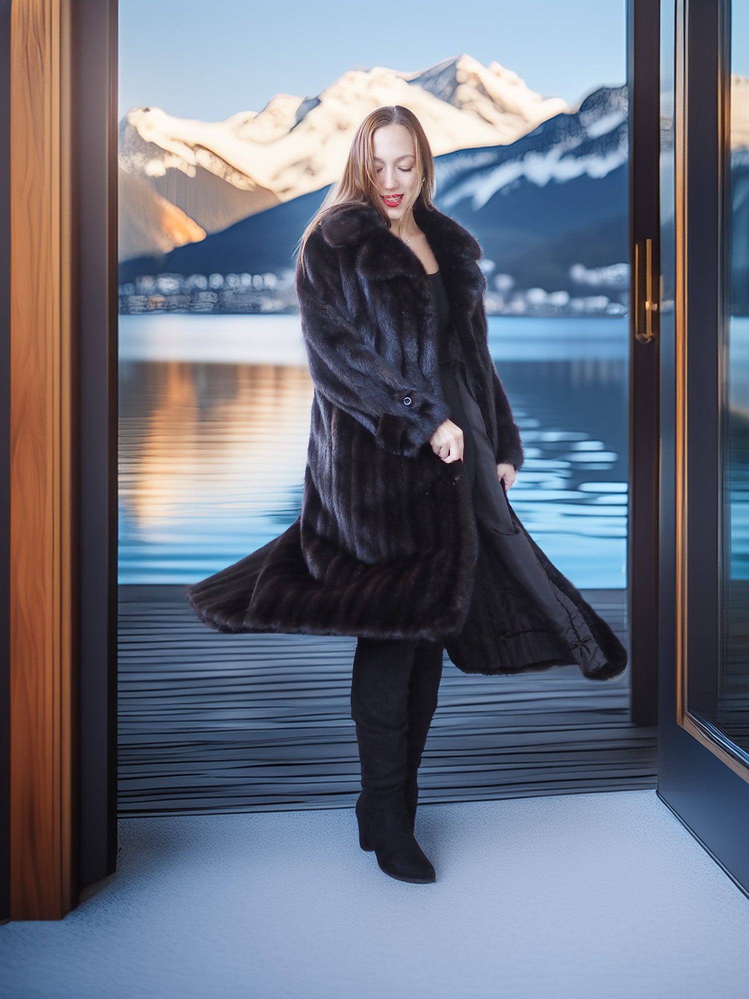 Woman in a long black fur coat standing in front of a large window with a mountain and lake view.