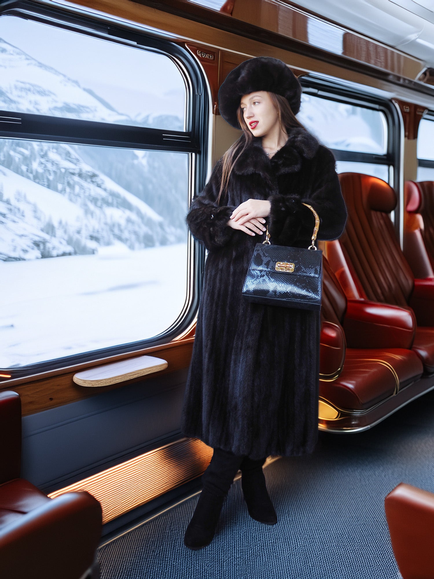 Woman in a black fur coat and hat standing on a train with snowy landscape outside.