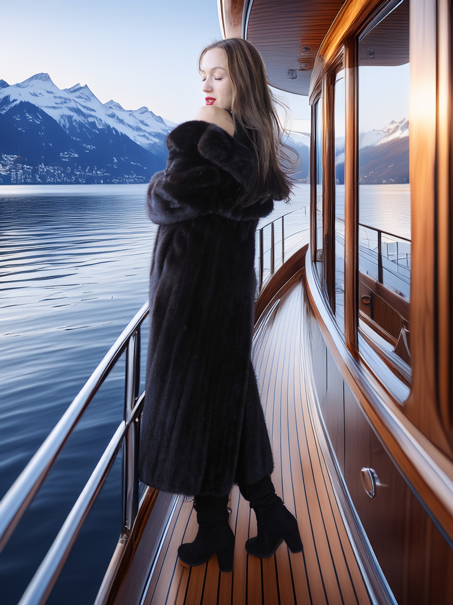 Woman in a long black coat standing on a boat with mountains in the background