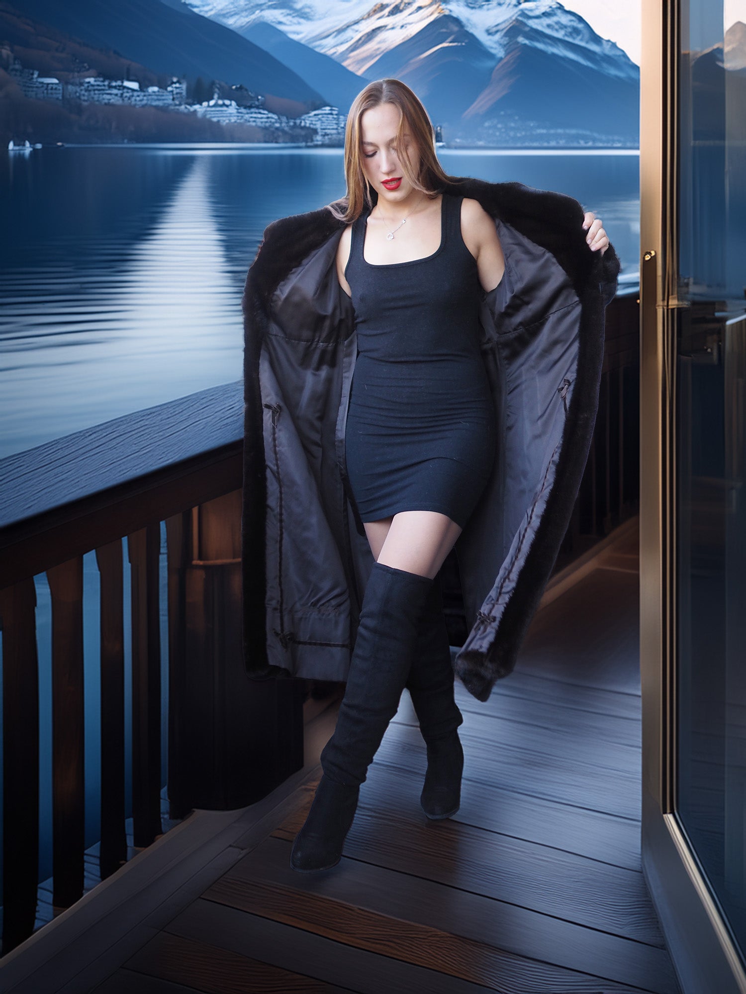 Woman in a black dress and fur coat standing on a wooden deck with a mountain and lake view.