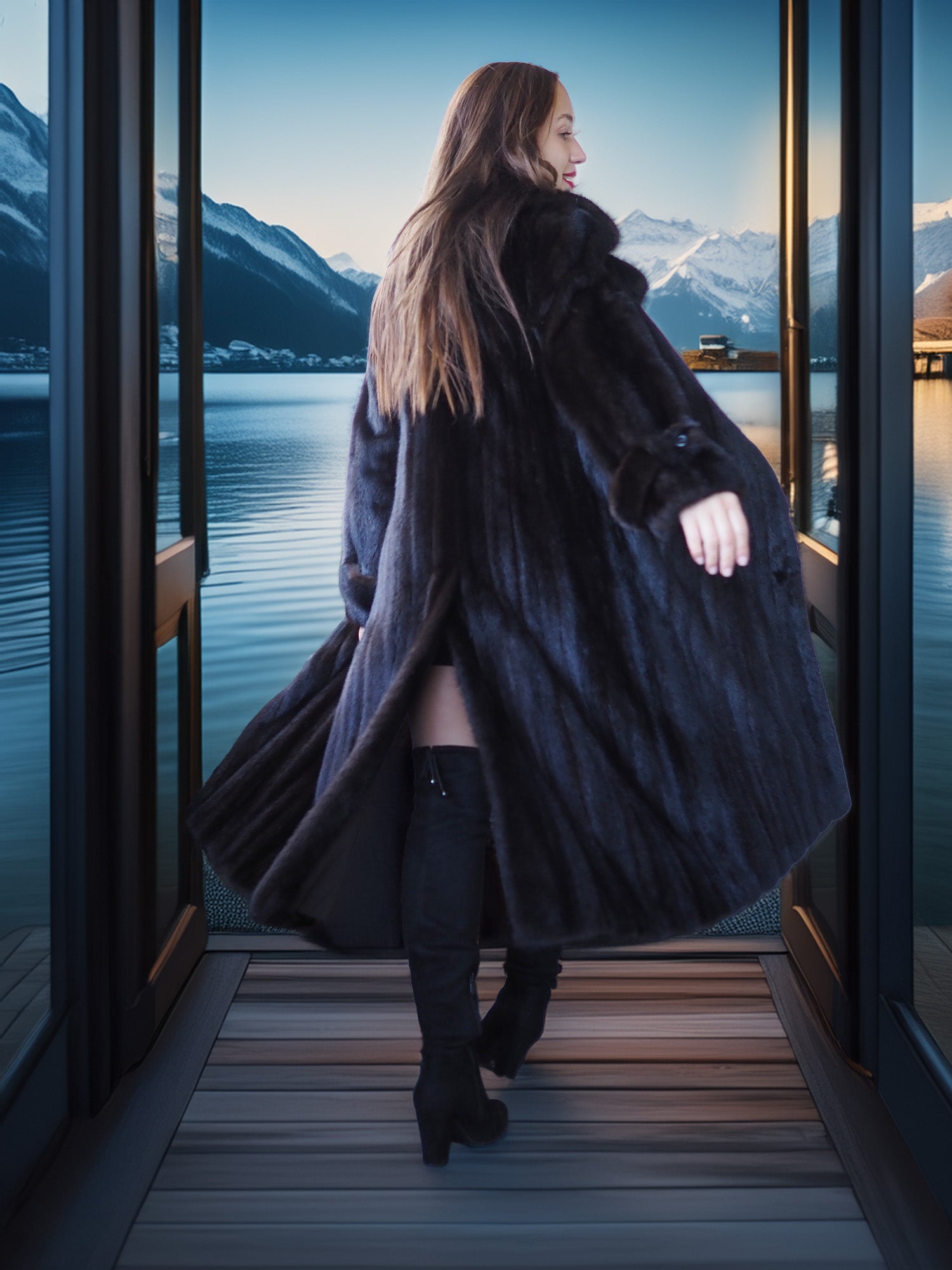 Woman in a long black fur coat standing by a window with a scenic view of mountains and water.