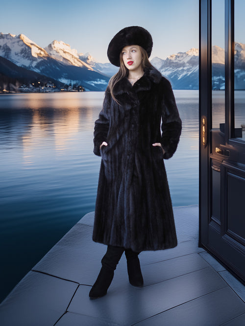 Woman in a dark fur coat and hat standing by a lake with mountains in the background