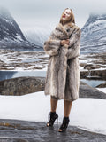 Unisex plush fur coat with shawl collar in snowy landscape