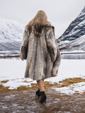 Back view of model in fur coat on snowy path