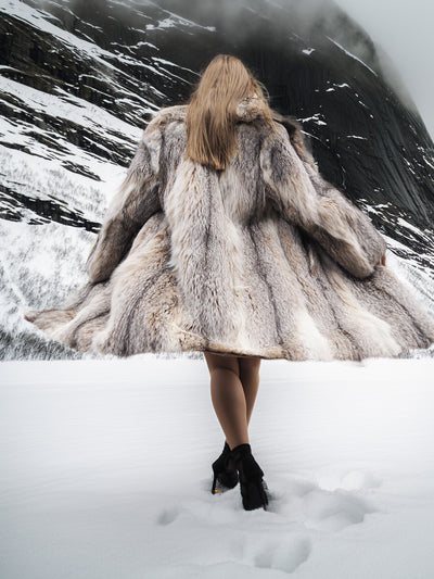 Back view of fur coat in snowy mountain landscape