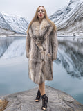 Luxurious fur coat with large shawl collar by a lake