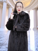 Close-up of La Galleria vintage mink fur coat with tie-neck detail, highlighting the rich mahogany fur and plush texture.