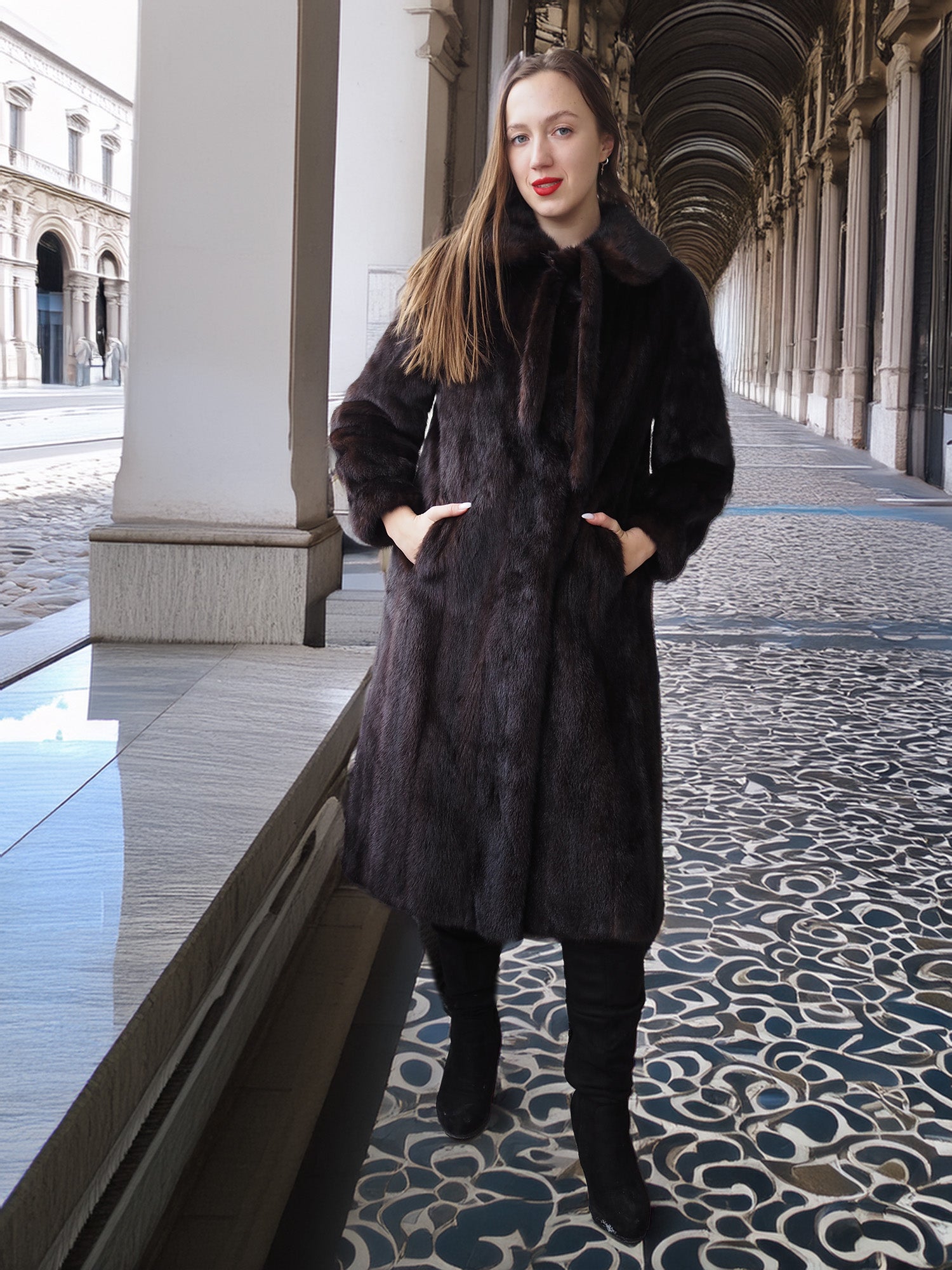 La Galleria vintage mink fur coat in mahogany, styled with black boots and tie-neck detail, perfect for elegant winter looks.