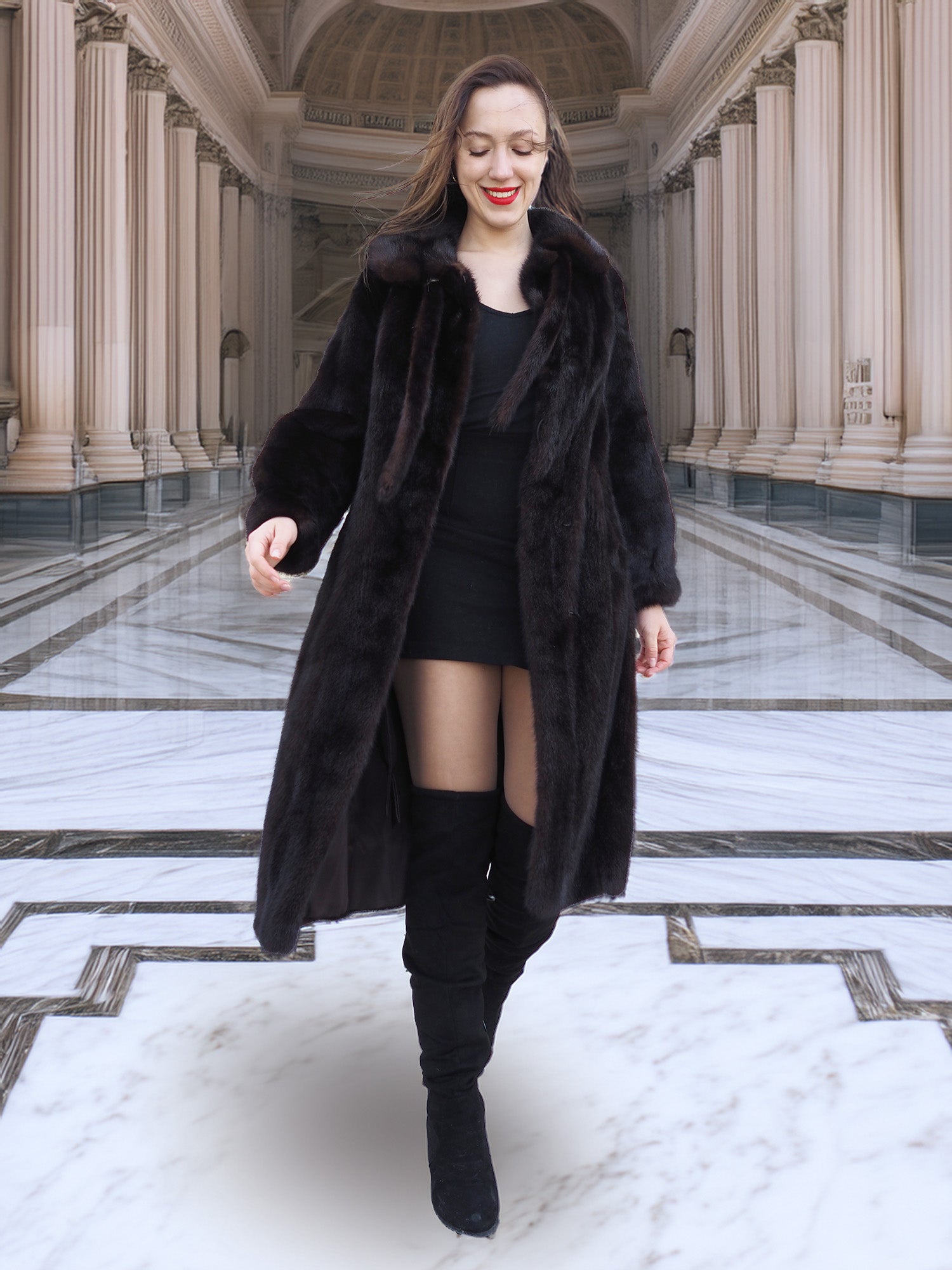 Model walking in La Galleria vintage mink fur coat with tie closure, showcasing its full-length silhouette and rich mahogany color.