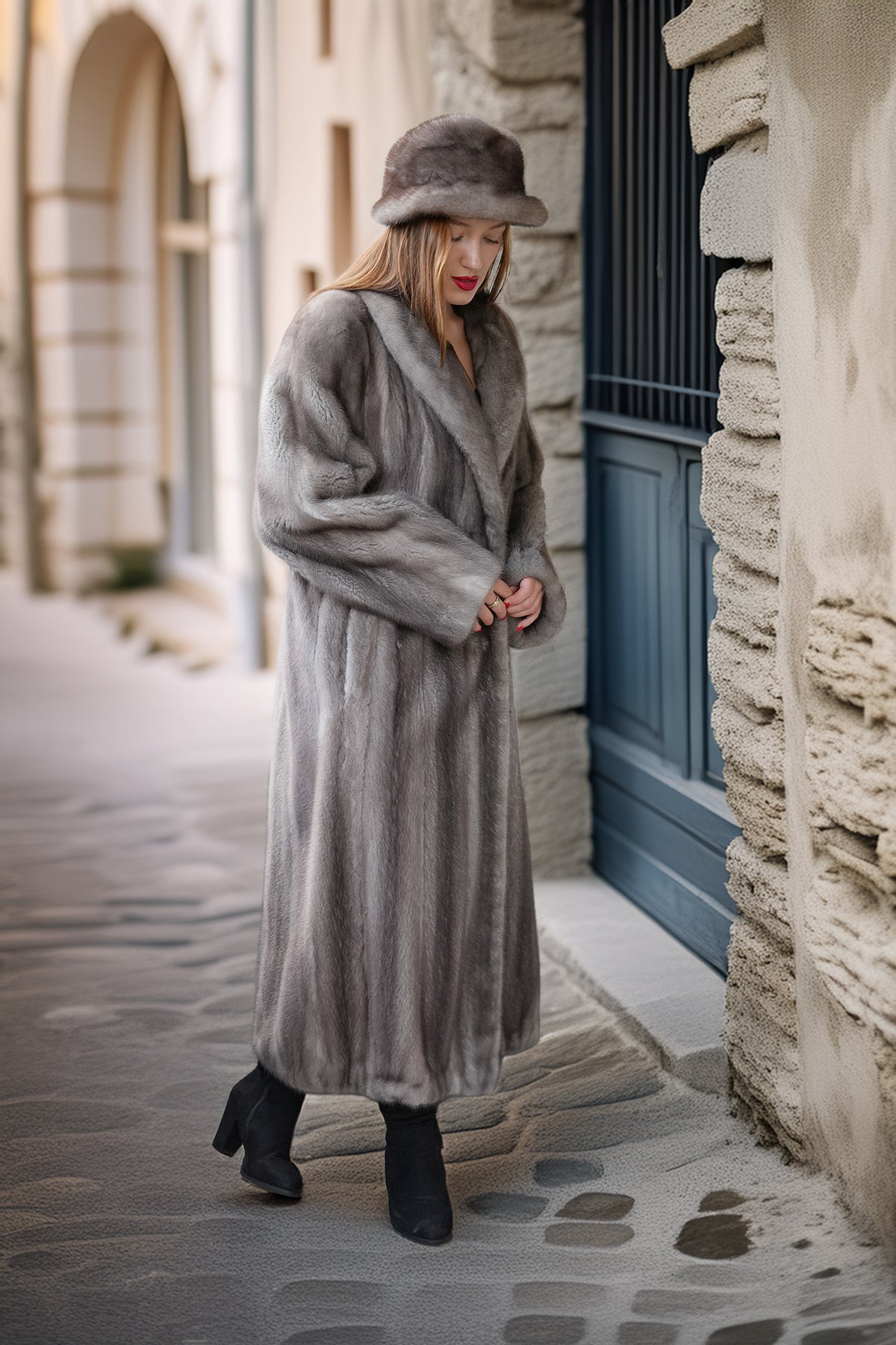 A woman wearing a long gray fur coat, matching fur hat, and black ankle boots stands on a cobblestone street in front of a stone building with a blue door.