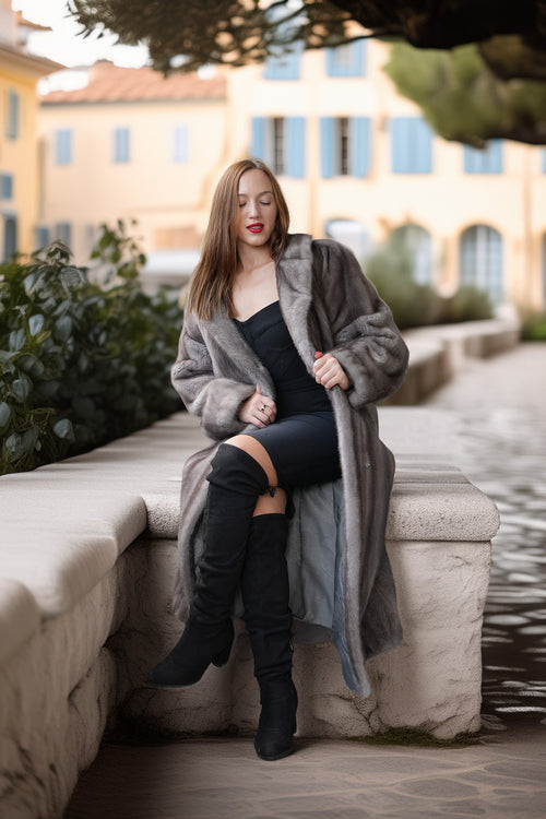 A woman sits on a stone ledge outdoors wearing a long gray faux-fur coat over a black dress and black over-the-knee boots, with a blurred building and water in the background.